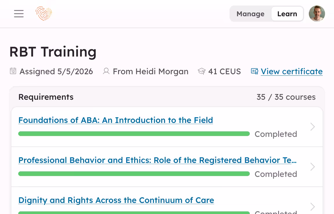 A preview of the RBT training course page